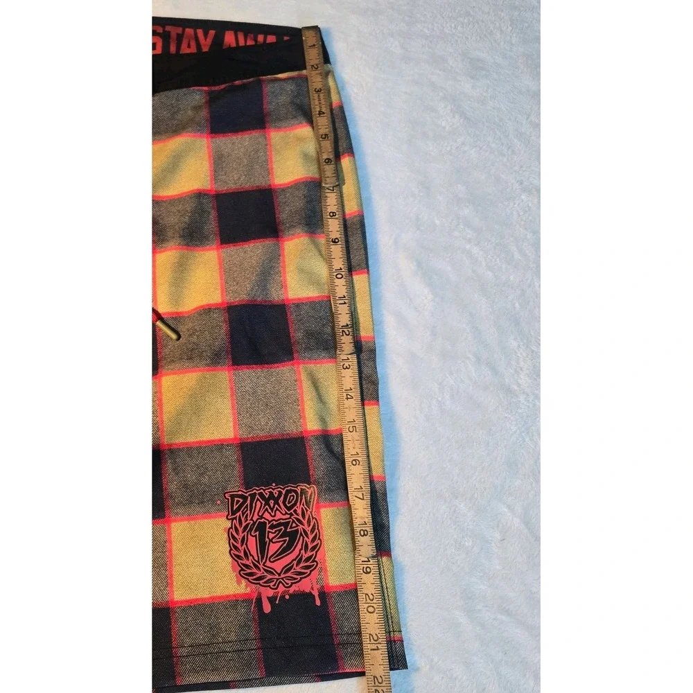Dixxon Flannel Company BoardSwim Trunks Yellow red black plaid 